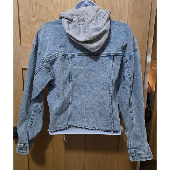 Cropped Oversized Denim Jacket With Gray Hoodie & Frayed Hem Womens Size XXS - Picture 9 of 13